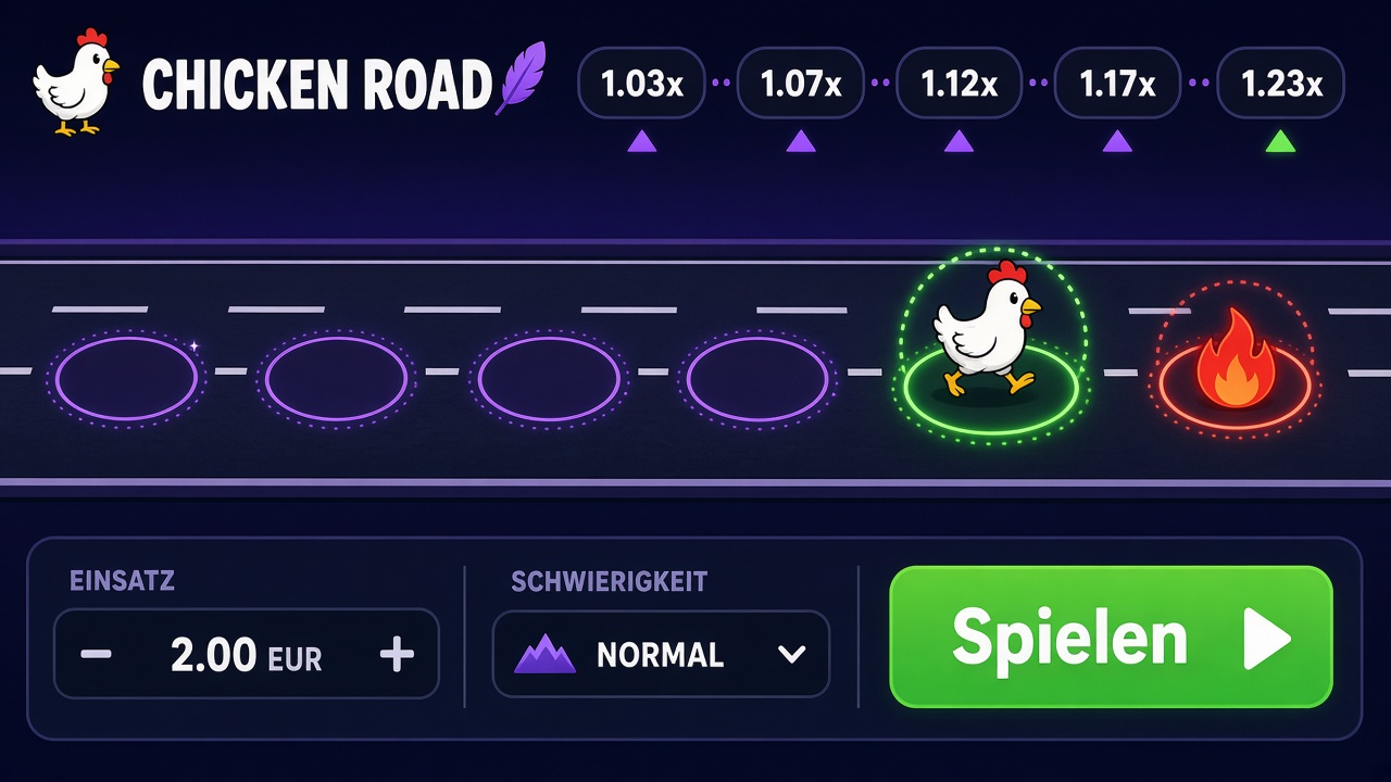 Dynamische Illustration des Chicken-Road-Spielablaufs mit Multiplikatoren 1.03x bis 1.23x
