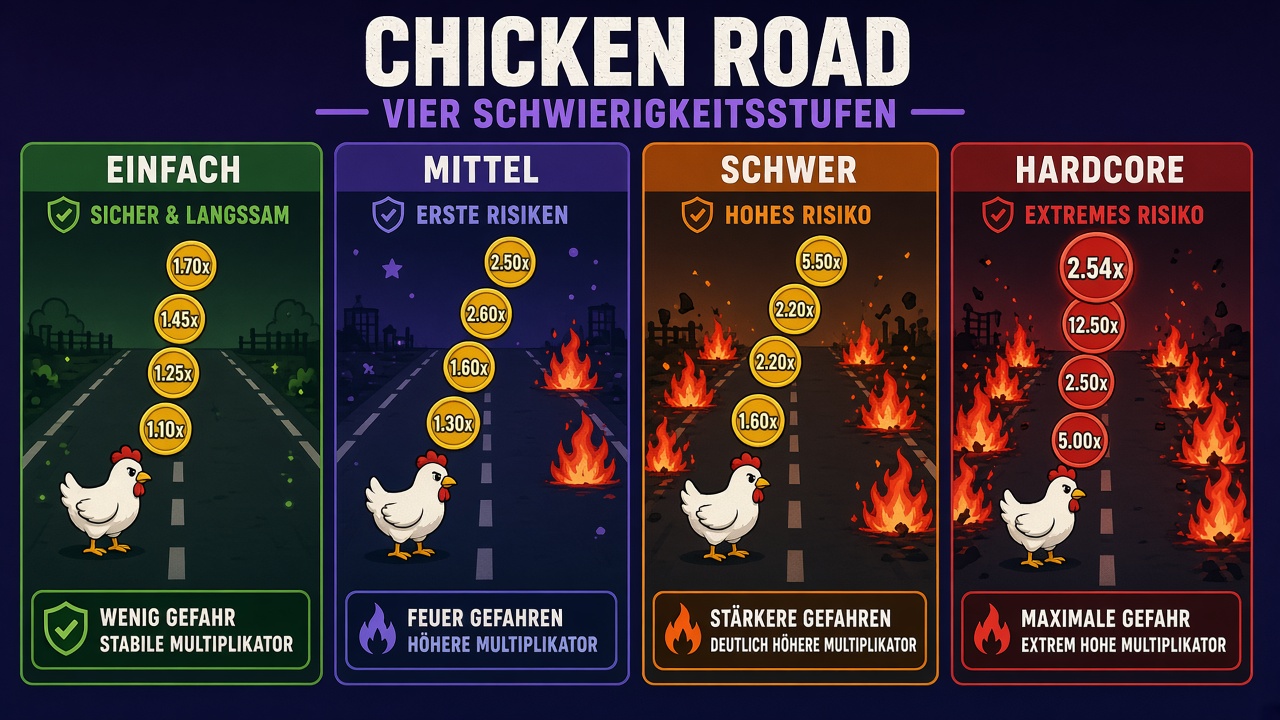 Infografik zu den vier Schwierigkeitsstufen: Einfach, Mittel, Schwer und Hardcore