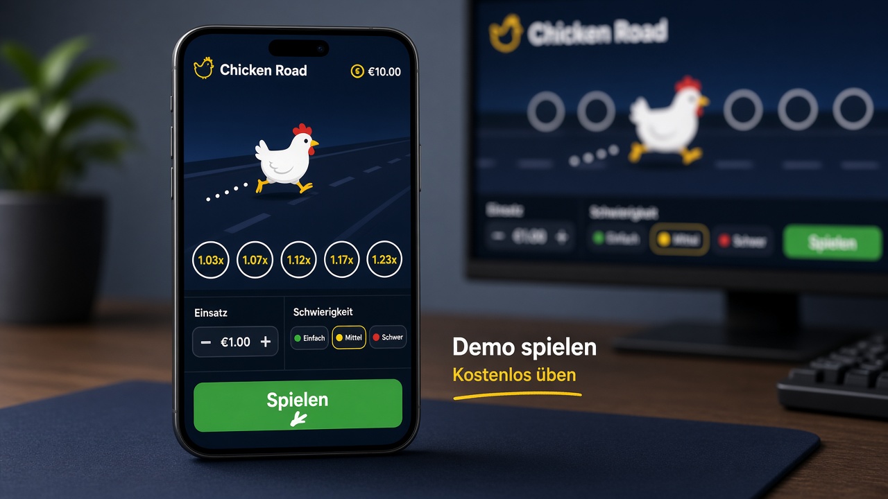Smartphone-Display mit Chicken-Road-Gameplay und Demo-Modus-Hinweis
